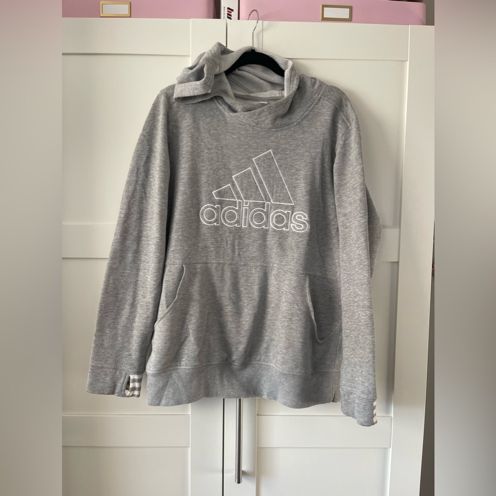 Adidas Hoodie Juniors Women’s Thumb Holes Grey Gray Used Striped Sewn Logo XL